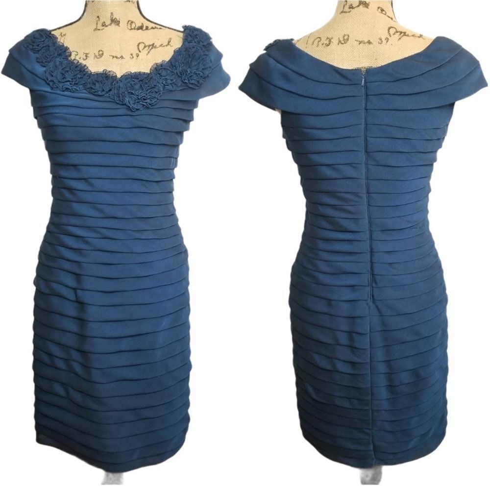 Adrianna Papell Navy Shutter Pleat Chiffon Dress